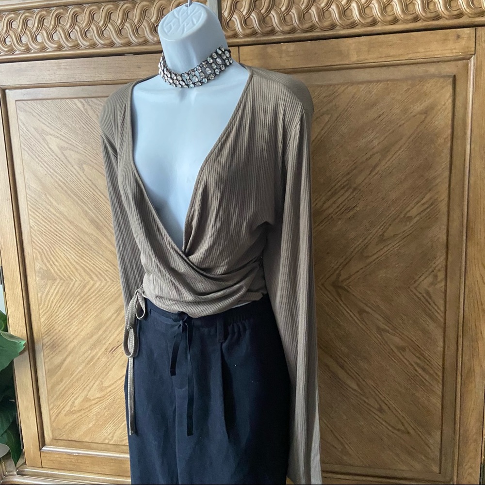 Forever21 olive ribbed knit wrap tie crop top
